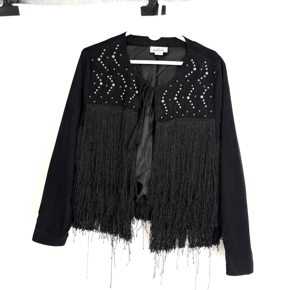 Ariat Women's Black Fringe Studded Jacket Tie Front Size M Western Cowgirl Rodeo